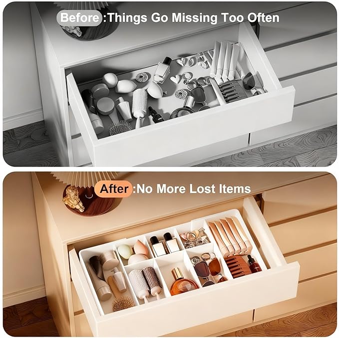 Expandable Desk Drawer Organizer, Acrylic Drawer Organizer Trays with 11 Adjustable Compartments 6 Removable Dividers Desk Accessories for Makeup Utensil Junk Office Kitchen Bathroom ( White, 1Pcs )
