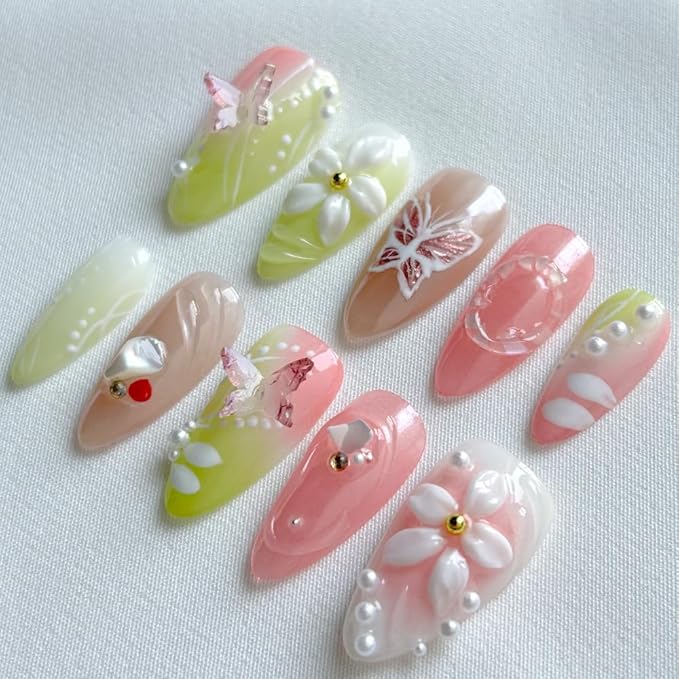 Press On Nails Medium Almond Shape - 3D Handmade Acrylic Gel Fake Nails with Glitter Designs, Reusable Thick Almond Nails for Women DIY Manicure Kit (10PCS, L Size, Easy Application)