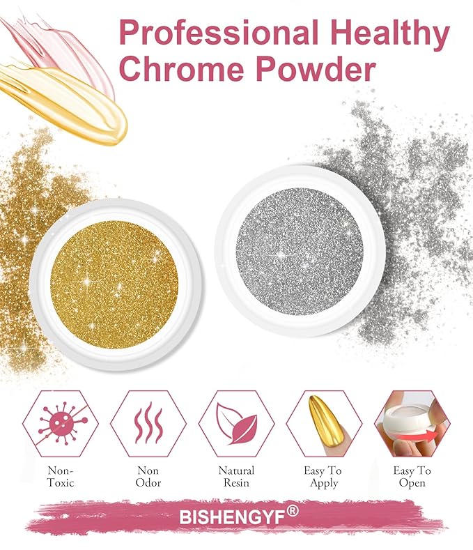 BISHENGYF Gold Chrome Nail Powder - Sparkly Laser Holographic Nail Powder Metallic Mirror Effect Silver Nail Chrome POwder, White Pearl Pigment Holo Iridescent Glitter Dust Kit, Nail Art Decoration