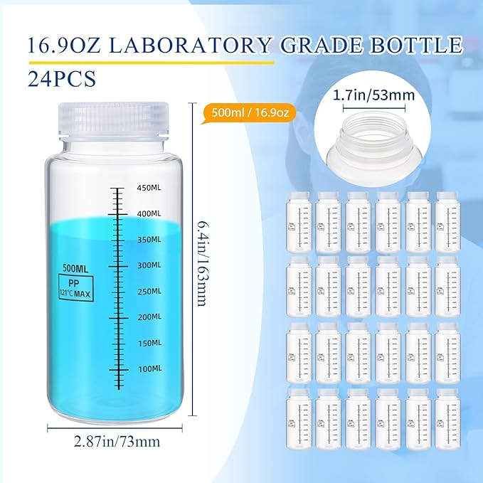 Tatuo 24 Pcs 16 oz 500 ml Polypropylene Plastic Sample Bottles with Screw Caps Sample Containers with Lid for Liquids, Reagent, Pill, Travel, Laboratory, Storage at Home(Wide Mouth-dark Scale)