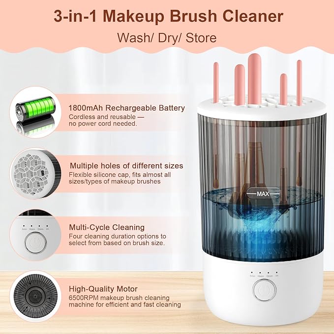 Electric Makeup Brush Cleaner Machine - 6500RPM Automatic Makeup Brush Cleaning Machine, Portable Design with 1800mAh Rechargeable Battery for All Brush Sizes, Perfect Gift for Makeup Lovers