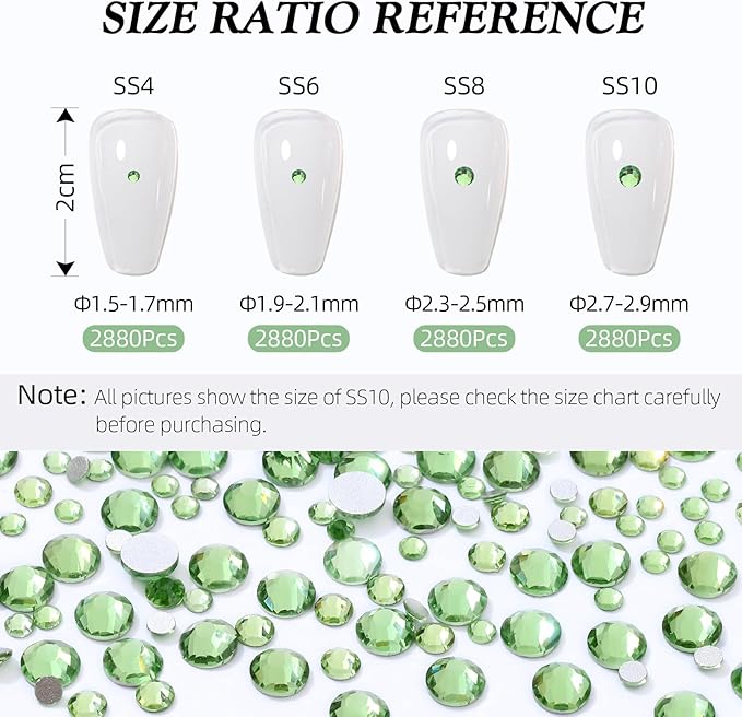 Meibite Light Green Flatback Rhinestones, Glass Rhinestones for Nail Art and Craft, Glue Fix, Loose Crystal Gemstones(Lt.Green, SS10, 2880pcs, 2.7-2.8mm)