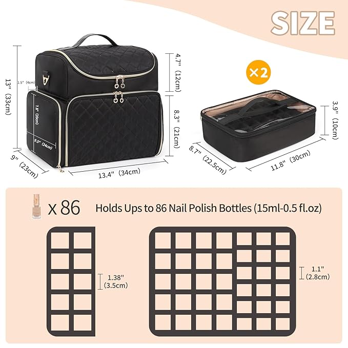 Extra Large Nail Polish Organizer Case Holds 86 to 100+ Bottles Organizer & Nail Lamp, Supply Storage Carrying Bag with 2 Removeable Pouches, Portable Nail Tech Travel Box (Black, 86 Slots)