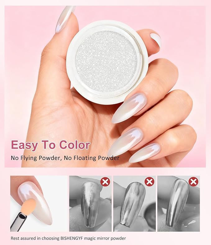 BISHENGYF Gold Chrome Nail Powder - Sparkly Laser Holographic Nail Powder Metallic Mirror Effect Silver Nail Chrome POwder, White Pearl Pigment Holo Iridescent Glitter Dust Kit, Nail Art Decoration