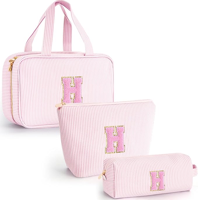 Personalized Initial Cute Toiletry Bag Pouch Make Up Bags Travel Cosmetic Makeup Bag for Girl Girlfriend Wife Teacher Mom Her 16th 17th 18th Birthday Gifts - Pink H