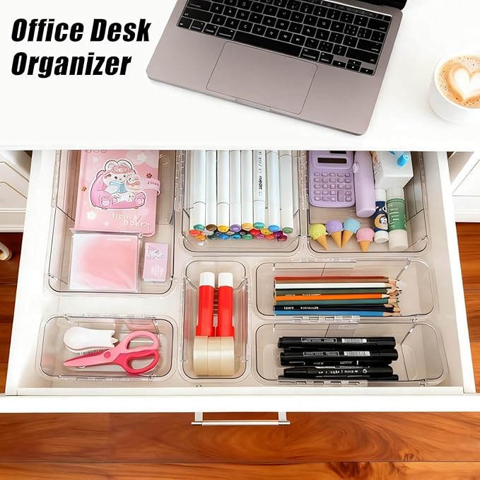 15 Pcs Extendable Drawer Organizer Set, 2 Sizes Adjustable Storage Drawer Units, Clear Plastic Makeup Vanity Organizer for Makeup, Stationeries, Multiple Gadgets for Bathroom, Office, Bedroom