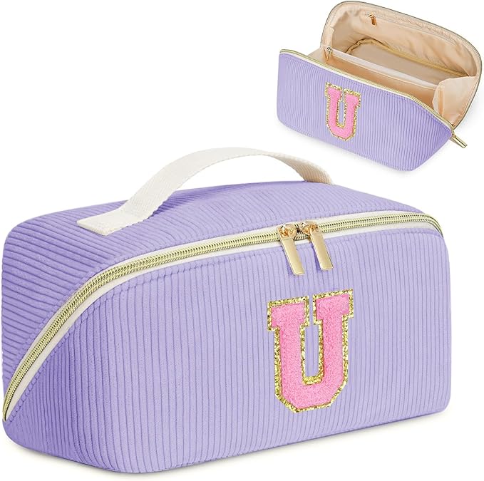 Personalized Initial Makeup Bag, Valentine's Day Gifts for Girls,Preppy Bag Cosmetic Travel Bag Women,Travel Toiletry Organizer,Large Capacity Corduroy Stuff Bag,Cute Cosmetic Pouch Skincare Bag