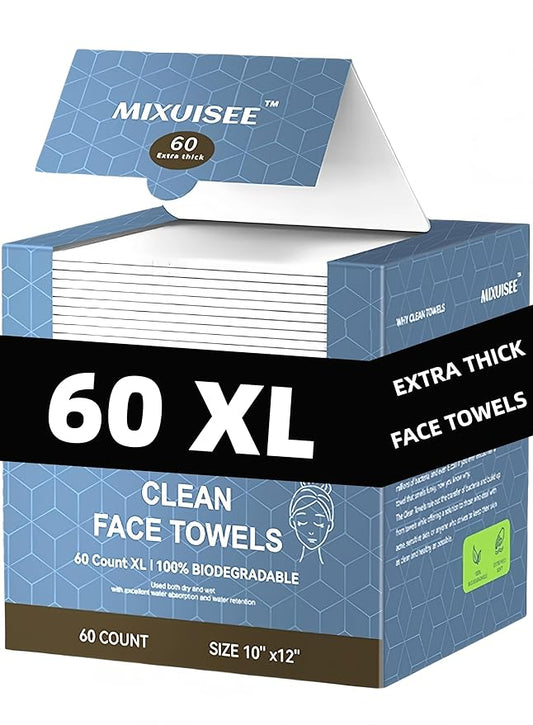 Disposable face towel, MIXUISEE thick and soft face towels. 100% cotton face cloths, facial towels 150% thickness. Increased size: 12 "x10", Makeup removal and cleaning (Extra thick 60 PCS)