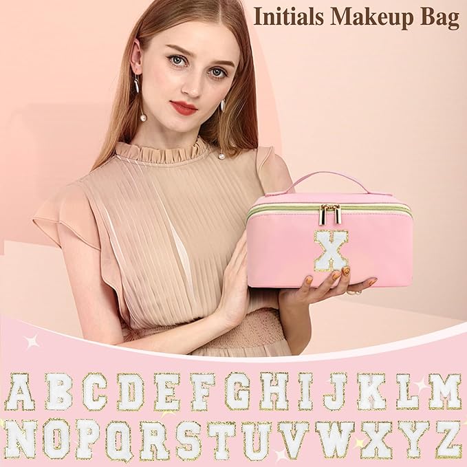 for Valentines Day Gifts, Makeup Bag for Women, PU Leather Travel Toiletry Bags, Initial Make Up Cosmetic Pouch for Teen Girls, Wide Open Portable Skincare Bag, Personalized Birthday Gifts, Pink U