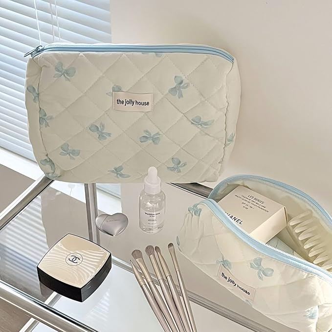 Cute Makeup Bag Aesthetic Floral Quilted Cotton Cosmetic Bag Travel Organizer Toiletry Pouch 3 Pack Set (02Blue Bow)