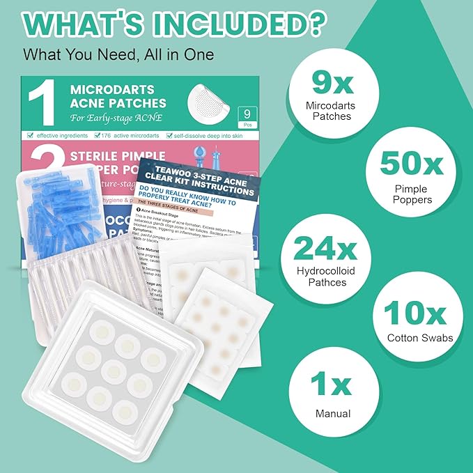 TEAWOO 3-Step Microdart Pimple Patches Set – 83 Count, including 9 Microdarts Pimple Patches, 50 Pimple Poppers, and 24 Hydrocolloid Patches