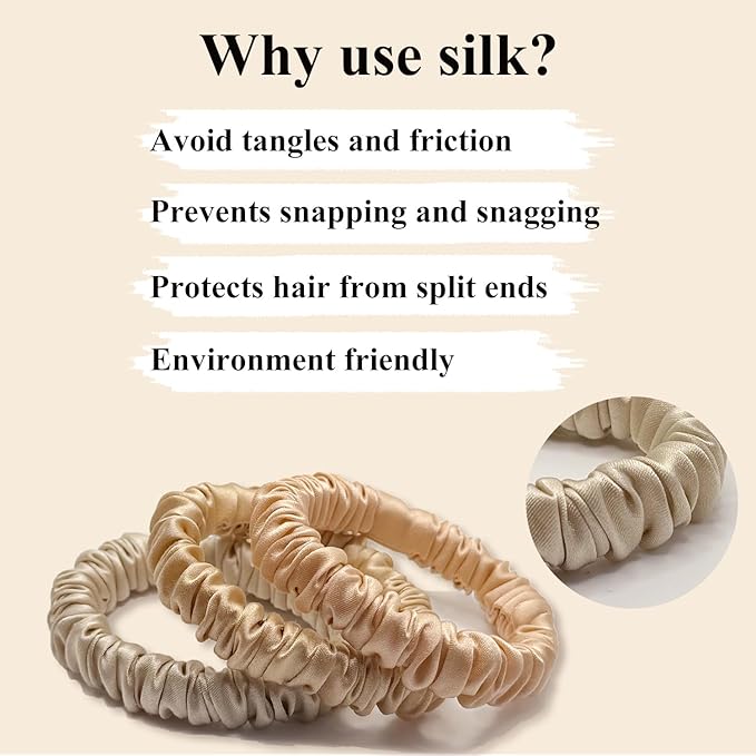 VLOMOT 3 Pcs Set 100% Pure Mulberry Silk Hair Scrunchies Hair Ties with 3 Chic Colors Everyday Skinny Scrunchies Silk Ponytail Holders Hair Care No Damage (Champagne)