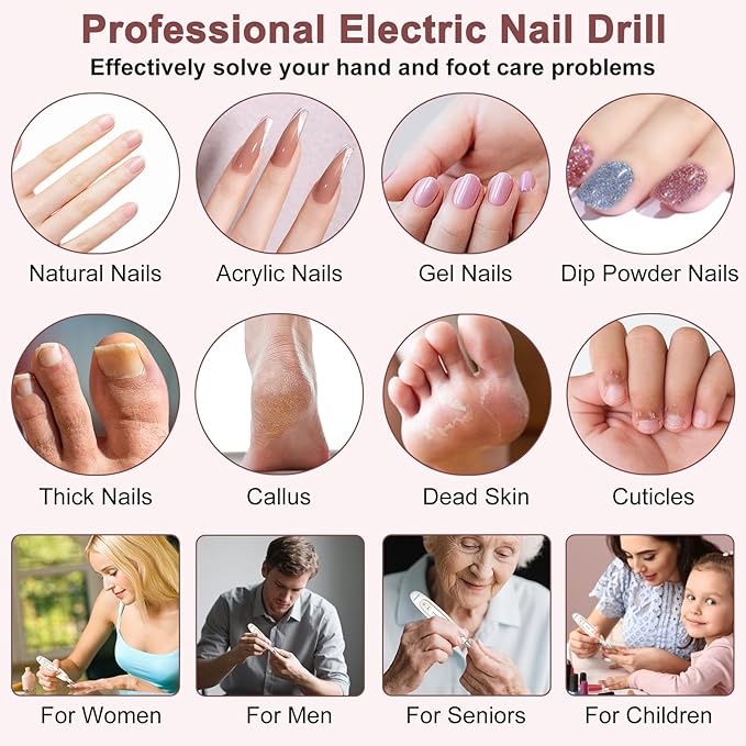 Cordless Electric Nail File Set, Rechargeable Toe Nail Buffer and Sander, Toenail Grinder for Thick Toenails, Manicure Pedicure Drill Kit, Hand Feet Nails Care Tool for Women Men Seniors Human