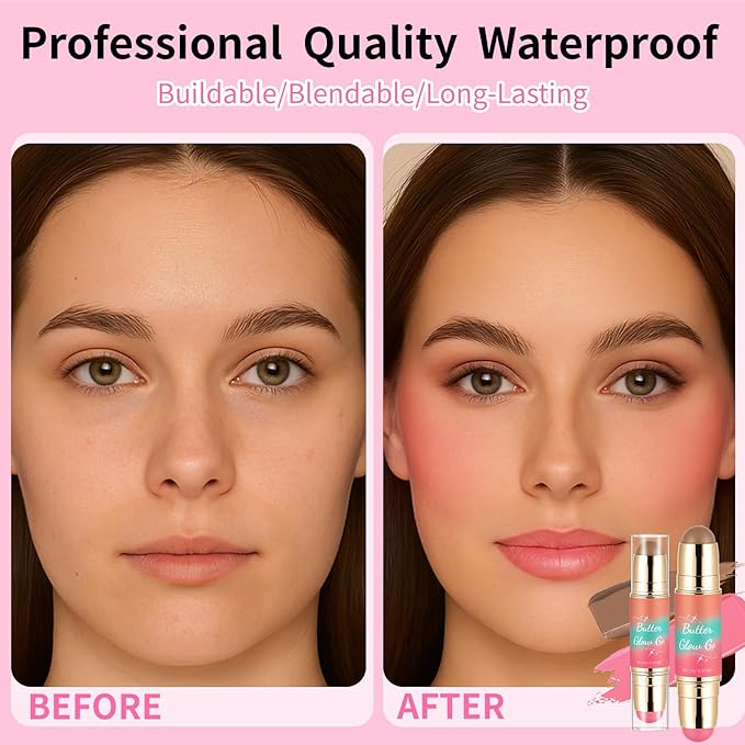 Dual-Ended Blush and Bronzer Stick – 2-in-1 Creamy Face Cheeks Contour Makeup, Smooth Hydrating Formula, Buildable Color for Natural Radiant Glow Beauty For Women (Sunkissed Rose)
