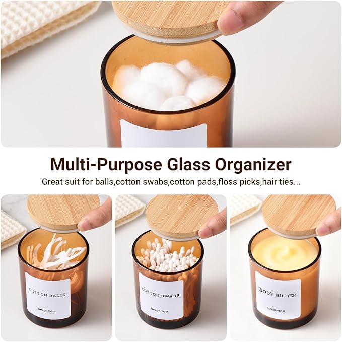unisence Glass Qtip Holder 2 Pack , Qtip Holder Dispenser Bathroom Set Bathroom Organizers and Storage Q tip Holder with Lid Makeup Storage Organizer for Cotton Swabs,Cotton Balls,Pads ,Amber