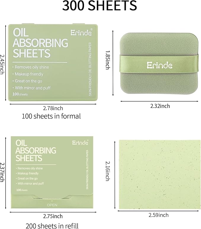 Erinde Oil Blotting Sheets for Face with Mirror and Puff, 300 Sheets Oil Blotting Paper for Oily Skin, Face Oil Absorbing Sheet, Natural Oil Control Film, Absorb Excess Oil, Makeup Friendly