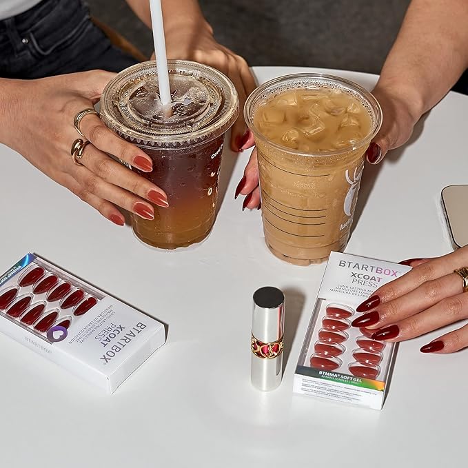 BTArtbox Press On Nails Short - Lamp-Curable Almond Press On Nails with Glue for Women, Semi-Transparent Soft Gel Glue On Nails in 16 Sizes - 32 Stick On Nails Kit, Spill Tea