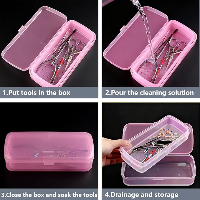 FSpronail Nail Tool Sterilizer Box, Fully Transparent Disinfection Container Tray for Nail Tools Organizer with Strainer for Tweezers Manicure Equipment Nails Salon Supplies Art Accessories - Pink