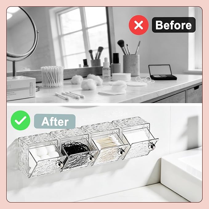 IWNTWY Qtip Holder Dispenser, Wall Mounted Plastic Cotton Pad Holder, Cotton Ball, Swabs, Floss, Makeup Organizers Containers for Vanity Bathroom (Clear, 4 Pcs)