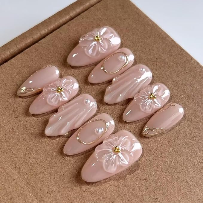 MAGLFELL 10 Pcs Medium Length Handamde Almond Press On Nails Reusable ABS Acrylic False Nails Set for Women (Size L)