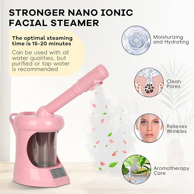 Facial Steamer Professional with Extendable Arm, 360°Rotating Nozzle Face Steamer for Facial Deep Cleaning, Portable Facial Steamer for Beauty, Spa and Home Use（Pink）