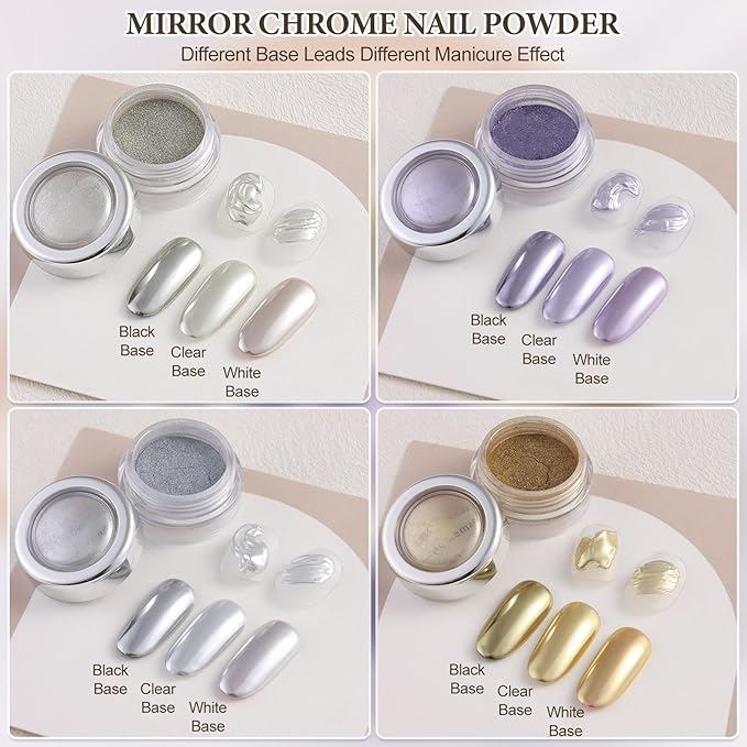 SUTOKAKA 4 Jars Chrome Nail Powder Silver Gold Purple Magic Aurora Powder Iridescent Holographic Glitter Pigment Nail Art Fimo Decoration for Women Salon Use