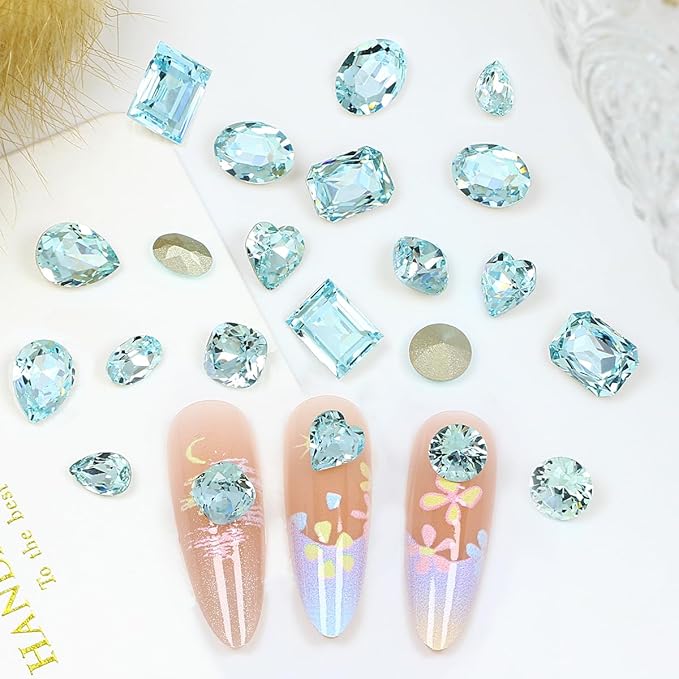DONGZHOU 72pcs Mix Shape Nail Art Rhinestone,7 Styles Glass Nail Rhinestones Pointback Nail Gems Shiny 3D Nail Charms for Nail DIY Decorations Crafts,Aquamarine