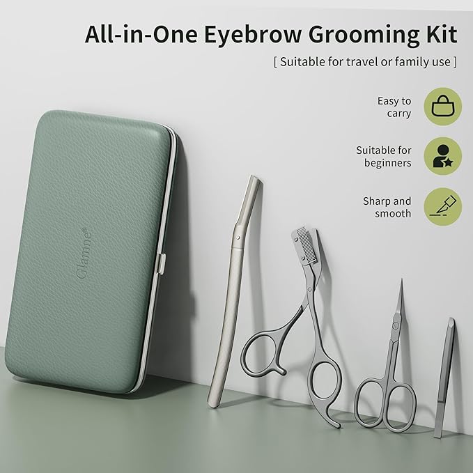 Glamne Eyebrow Trimmer Kit Scissors Tweezers Razor Facial Shaver Grooming Set with Mirror Travel Cases