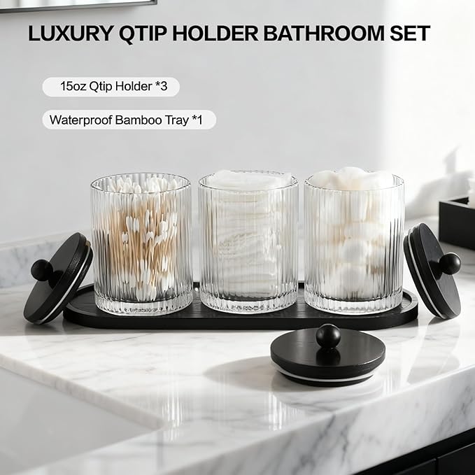NEECZS 3 Pack Qtip Holder Bathroom Set,Cotton Pad Ball Swab Holder Cotton Round Floss Pick Dispenser with Tray,Glass Apothecary Jars with Black Lids,Bathroom Organizers and Storage Canisters