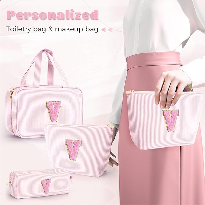 Cute Gifts Travel Toiletry Makeup Bag - Travel Cosmetic Bag for Women Yoga, Picnic, Personalized Friend Birthday Gifts with Monogram - Pink V