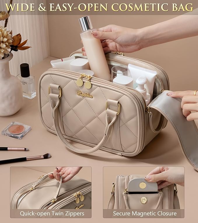 Bagstellar Travel Makeup Bag, Large Capacity Quilted Toiletry Bags for Women, Wide-open Cosmetic Bags Make Up Case Organizer Portable Pouch with Handle & Brush Holder for Traveling Accessories, Camel