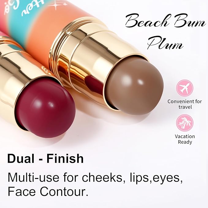 Dual-Ended Blush and Bronzer Stick – 2-in-1 Creamy Face Cheeks Contour Makeup, Smooth Hydrating Formula, Buildable Color for Natural Radiant Glow Beauty For Women (Beach Bum Plum)