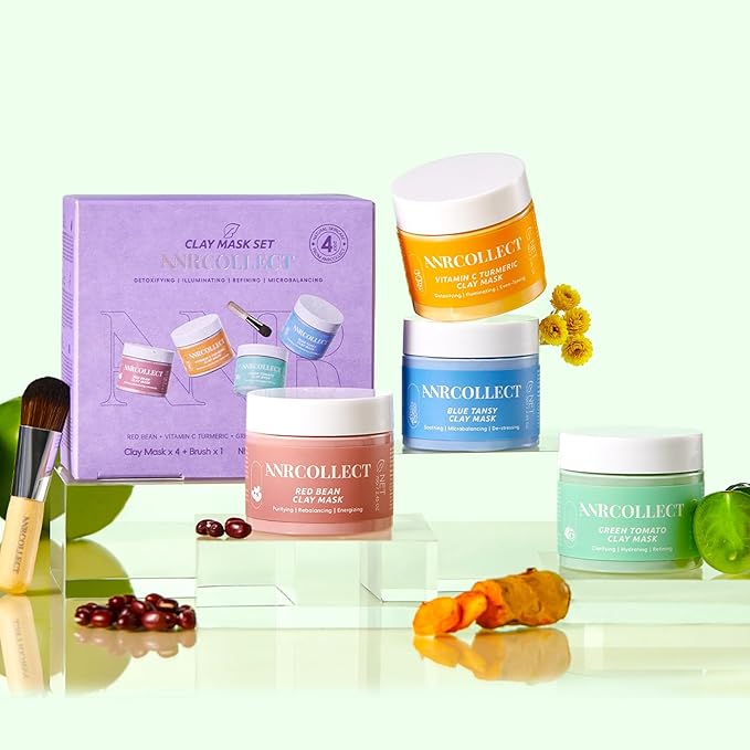 ANRCOLLECT 4Pcs Clay Mask Set, Kaolin Facial Spa Kit for Pore Cleansing & Glowing, Hydrating Mud Cream Wash-Off Mask for All Skin Types, Women and Men (70g*4+Brush), Teen Girl Gifts