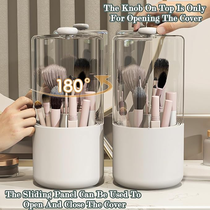 Zufudo Makeup Brush Holder with Dustproof Cover, Clear 360 Rotating Make Up Brushes Organizer for Counter Vanity Bathroom, White