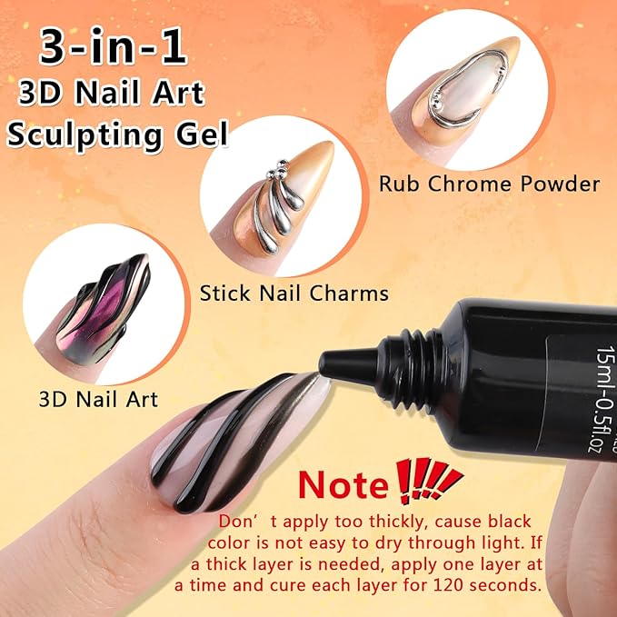 SUTOKAKA Black 3D Gel Nail Art, 15g Sculpting Gel for 3D Nail Art Designs Carving, Molding and Painting, No Wipe Embossed Gels Polish Rhinestone Nails Charm Glue Salon Home DIY