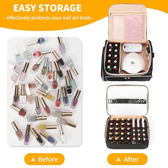 Extra Large Nail Polish Organizer Case Holds 86 to 100+ Bottles Organizer & Nail Lamp, Supply Storage Carrying Bag with 2 Removeable Pouches, Portable Nail Tech Travel Box (Black, 86 Slots)