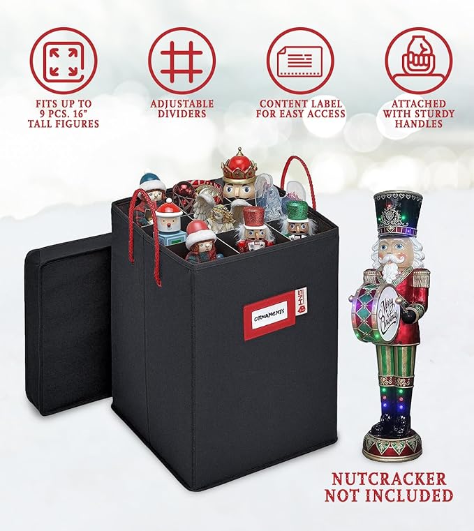 Christmas Nutcracker and Figurine Collectible Storage Box - Stores Up to 9-16" Tall Nutcrackers, Ornaments, and More - Holiday Decor Organizer with Adjustable Dividers - Nutcracker NOT Included