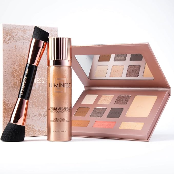 LUMINESS Face Time All In One Makeup Kit - Includes Face Palette, Airbrush Foundation, and Makeup Brush - Long-Wearing, Silky, Soft, Easy to Blend, 3-PC Make Up Set (13 - Deep)