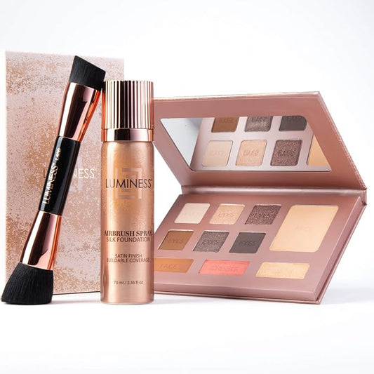 LUMINESS Face Time All In One Makeup Kit - Includes Face Palette, Airbrush Foundation, and Makeup Brush - Long-Wearing, Silky, Soft, Easy to Blend, 3-PC Make Up Set (13 - Deep)