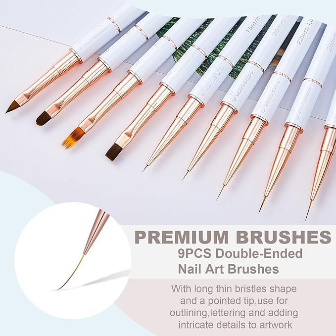 KEMEISI Nail Art Brush Set, 9PCS Double-Ended Acrylic Liner Brush Dotting Pen for Gel Polish, Nail Design Tools for Professional Manicure DIY Home Salon