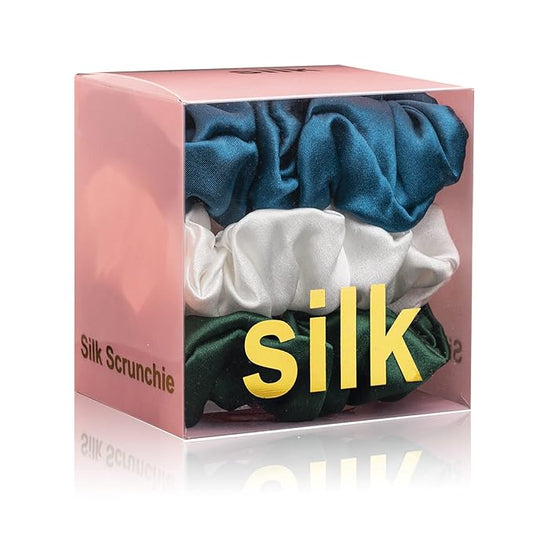 Silk Scrunchies for Hair 100% Mulberry Silk Hair Ties 3 Pack(White, Peacock Blue, Emerald)
