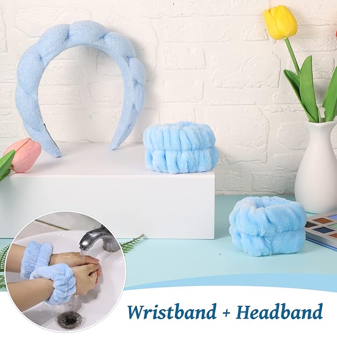 WSICSE Sponge Spa Headband for Women, Blue Skincare Headband and Wrist Washband Set Makeup Hairband Womens Stocking Stuffer