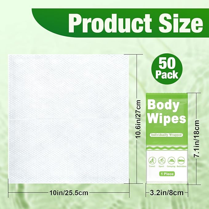 50 Pack Body Wipes Individually Wrapped, Disposable Body Shower Wipes, No Rinse Bath Wipe for Adults, Disposable Cleansing Wipe for Travel, Gym, Camping, 10.6 x 10 Inch