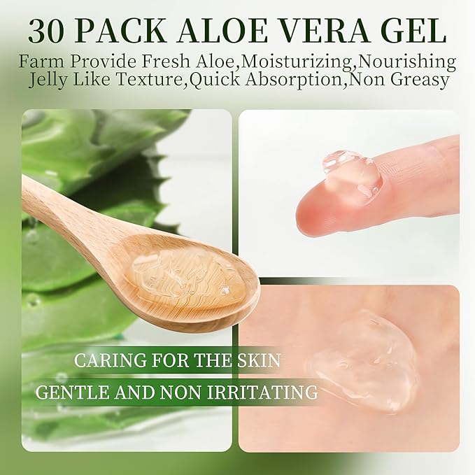 KONEUK 30 Pack Aloe Vera Gel for Face, Hair, Skin, Sunburn Relief, 99% Pure Aloe Vera Gel for After Sun Skin Care Relief, Bulk Aloe Gel Travel Size for All Skin Types