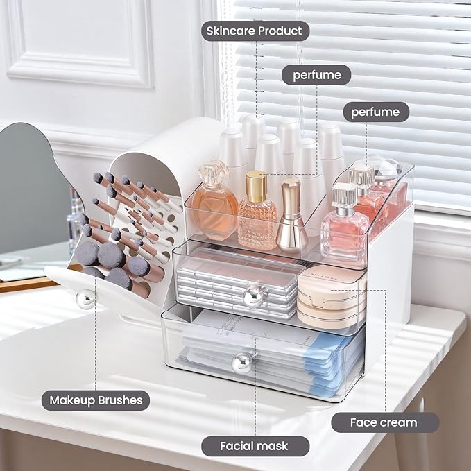 Makeup Organizer,Vanity Organizer with Makeup Brush Holder,Large Skincare Organizers and Bathroom Countertop Organizer,Storage Lipstick,Perfume,Nail Polish,Beauty,Hair Accessories,Gifts for Women