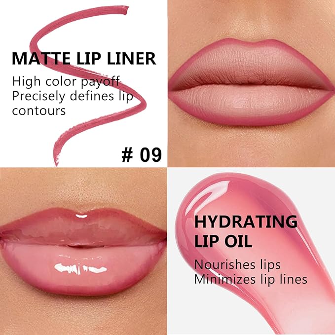 Jutqut Pink Lip Liner and Gloss Lip Kit, Waterproof Long-Lasting Combo Set with Matte Lip Liner Pencil and Non-Sticky Pluming Tinted Gloss, Highly Pigmented Lipliner Set for Women (09 Pink)
