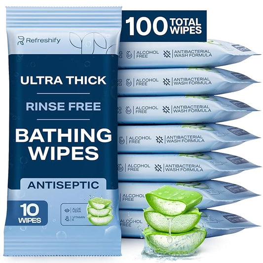 Extra Thick Bath Wipes, Fresh Bathing Wipes | Shower & Bath Alternative | Body Wipe for Adults Bathing No Rinse | Microwavable with Aloe & Vitamin E | 10 Packs - 100 Ct