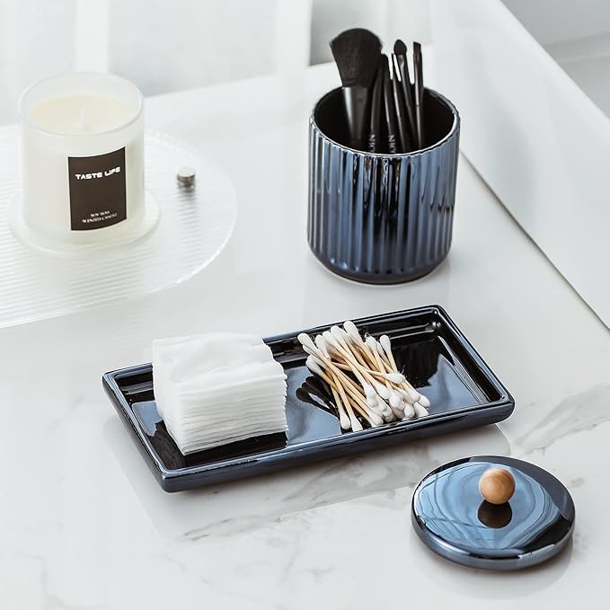 Redelaenor Qtip Holder Bathroom Set with Tray(3PCS) - 2 Piece 12 oz Blue Apothecary Jar Canister with Lid and 1 Pack Ceramic Vanity Tray