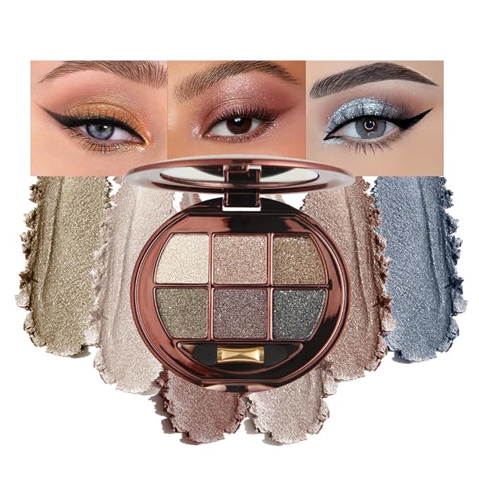 6-Color Shimmer Matte Eyeshadow Palette, Neutral Nude Diamond Sparkle Shades, Highly Pigmented Blendable Waterproof Long-Lasting Eye Makeup, Silky Smooth Pearl Finish, Ideal for Friends-A02#