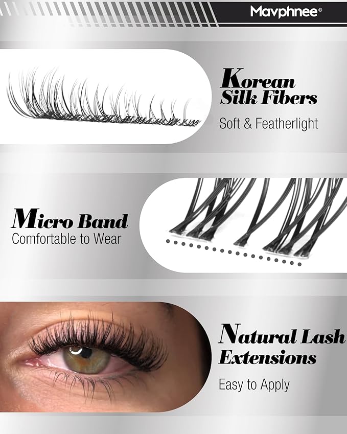Clear Band Lash Clusters Kit Natural Cluster Eyelash Extensions Kit Wispy Individual Lashes CC-Curly Cluster Lashes Venus Eyelash Clusters Lash Bond and Seal Easy DIY Lash Kit (Velure, 8-16MM)